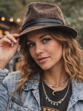 Brown Fedora Hat M/L Trilby Short Brim Satin Band Casual Unisex Festival Boho